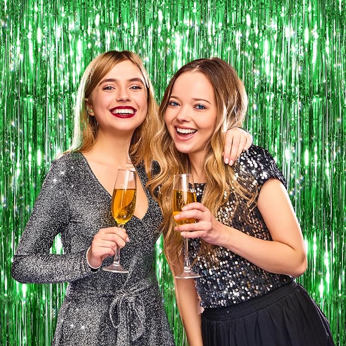 2 Pack Green Metallic Tinsel Foil Fringe Curtains, Door Streamers Photo Booth Backdrop for Birthday Party, Tinsel Curtain Backdrop for Baby Shower Bachelorette Christmas Party Decorations