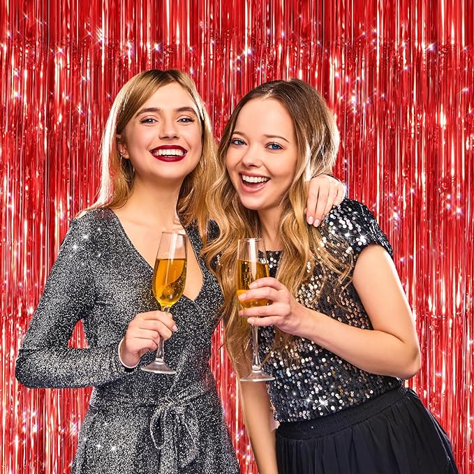 2 Pack Red Metallic Tinsel Foil Fringe Curtains, Door Streamers Photo Booth Backdrop for Birthday Party, Tinsel Curtain Backdrop for Baby Shower Bachelorette Christmas Party Decorations