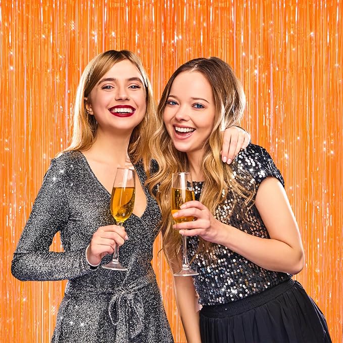 2 Pack Orange Metallic Tinsel Foil Fringe Curtains, Door Streamers Photo Booth Backdrop for Birthday Party, Tinsel Curtain Backdrop for Baby Shower Bachelorette Christmas Party Decorations