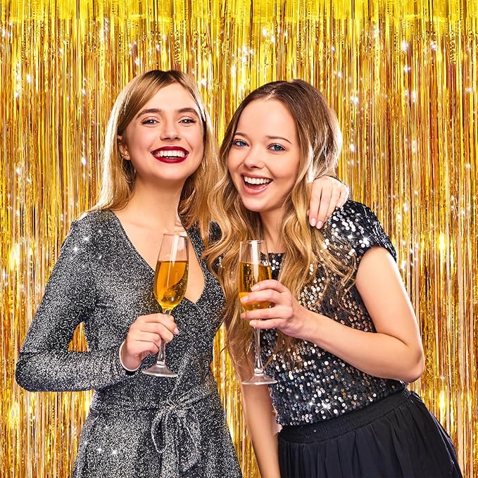 2 Pack Gold Metallic Tinsel Foil Fringe Curtains, Door Streamers Photo Booth Backdrop for Birthday Party, Tinsel Curtain Backdrop for Baby Shower Bachelorette Christmas Party Decorations