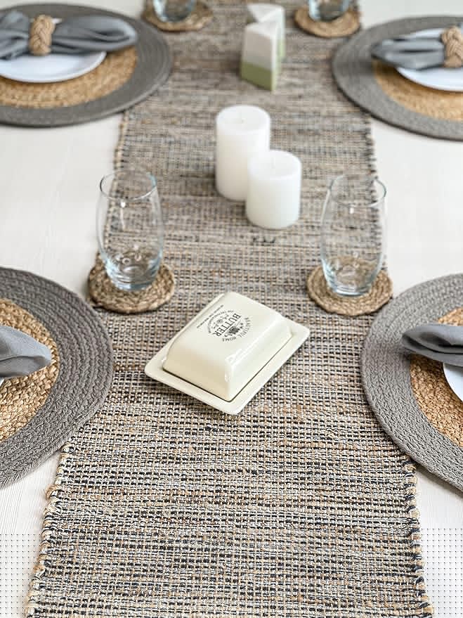 Chardin home Natural Jute Table Runner 13x108 Inch – Vintage Boho Rustic Table Decor – Handwoven Long Table Runner in Natural Jute and Grey – Farmhouse Dining or Console Table Accent