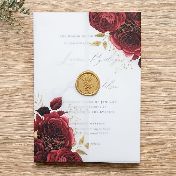 PONATIA 50 Pieces Vellum Jackets for 5x7 Invitation Cards - Red Flowers Printed Vellum Sleeves, Quinceanera Wedding Invitation Cards Wraps, Transparent Christmas Gift Cards Jackets
