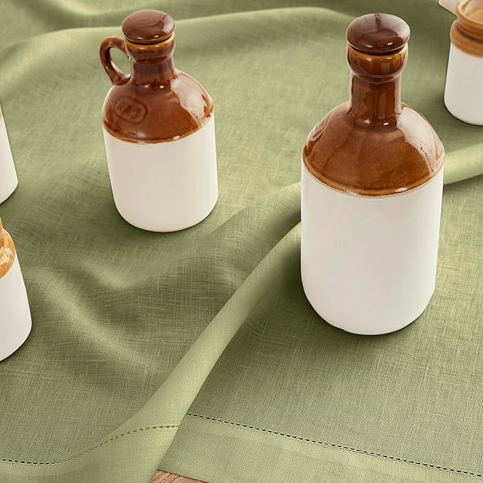 Solino Home Linen Moss Green Table Runner 132 Inches Long - 100% Pure Linen Extra Long Table Runner 14 x 132 Inch for Fall, Autumn, Thanksgiving - Classic Hemstitch