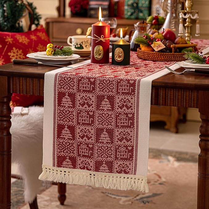 Table Runners 95 Inches,Christmas Tree Table Runner with Tassel Fringe,Gift Table Runner for Party,Coffee Table, Festival