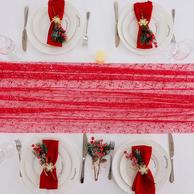 Snowkingdom Red Christmas Table Runner 10 FT, Glitter Metallic Foil Sheer Tulle Cheesecloth Gauze Runner 120 Inch, Red Table Centerpieces Decoration for Wedding Birthday Party Holiday