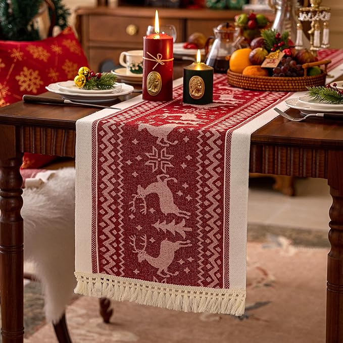Table Runners 119 Inches,Elk Table Runner with Tassel Fringe,Christmas Table Runner for Party,Coffee Table, Festival