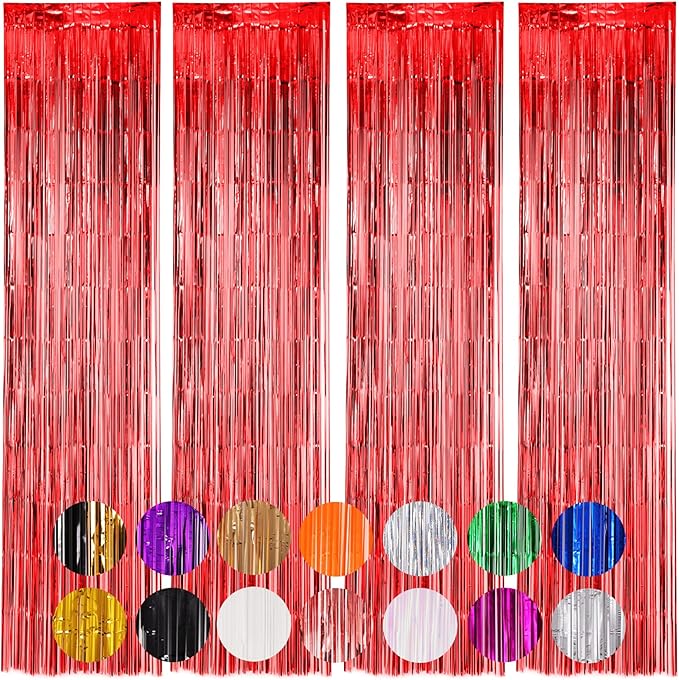 4 Pack Red Foil Fringe Backdrop Curtains, Tinsel Streamers Birthday Party Decorations, Fringe Backdrop for Graduation, Baby Shower, Gender Reveal, Disco Party