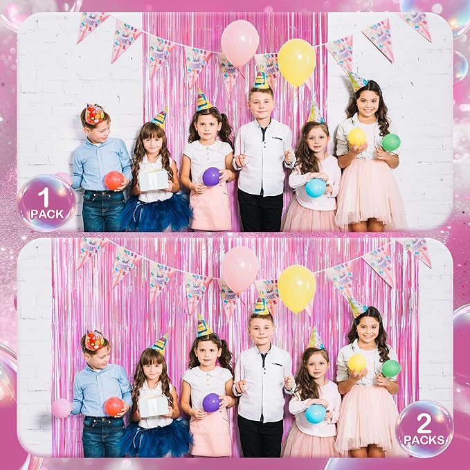 2 Pack Hot Pink Iridescent Streamers Backdrop, 3.3x6.6ft Foil Fringe Curtains Holographic Door Tinsel Streamers Photo Booth Prop for Birthday, Wedding, Holiday, Bachelorette, Theme Party Decorations