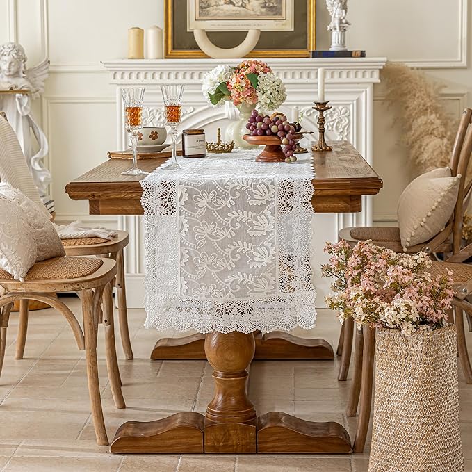 White Elegant Vintage Lace Table Runner,Wedding Lace Decor with Floral Embroidery,Tea Party Decor (White, 13.8X55 Inches)