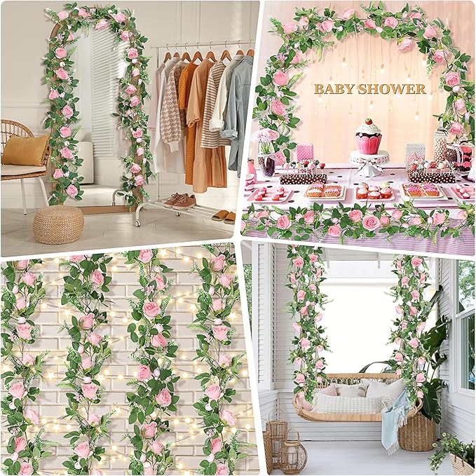 Naidiler Full Pink Flower Garland, 6.2FT Artificial Rose Floral Vine Pretty Spring Pink Flower Garland for Wedding Arch Decor Home Backdrop Wall Table Centerpiece Valentines Decoration