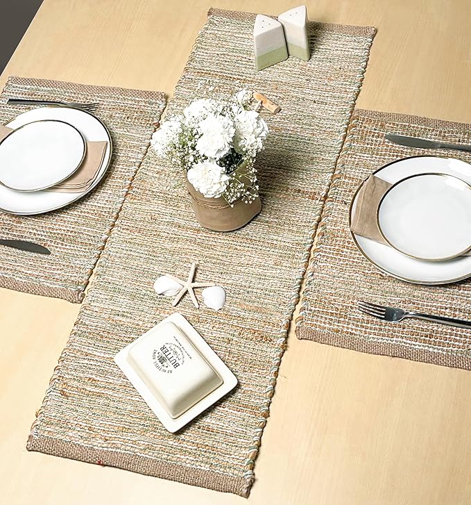 Chardin home Natural Jute Table Runner 13x48 Inch – Vintage Boho Rustic Table Decor – Handwoven Table Runner in Natural Jute and Sage Green-White – Farmhouse Dining or Console Table Accent