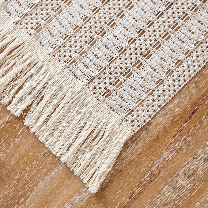 Boho Table Runner White for Home Decor 12x48 Inches Farmhouse Macrame Burlap Jute Rustic Dining Kitchen Centerpiece Bohemian Decor French Country Baby Bridal Shower Decorations
