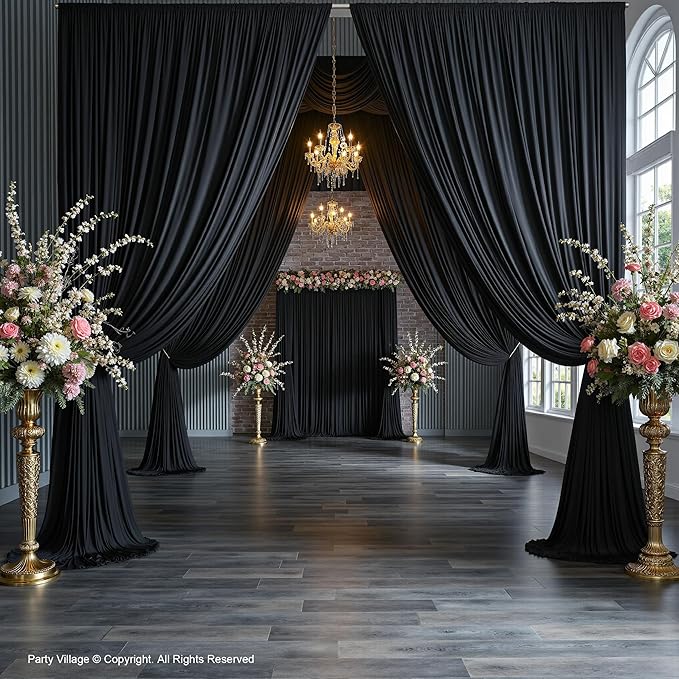 PartyVillage 30ft×15ft Black Backdrop Curtain for Halloween Parties, 6 Panels Wrinkle Free 15 FT Long Polyester Photo Backdrop Drapes Back Drop Cloth for Birthday Photography Background
