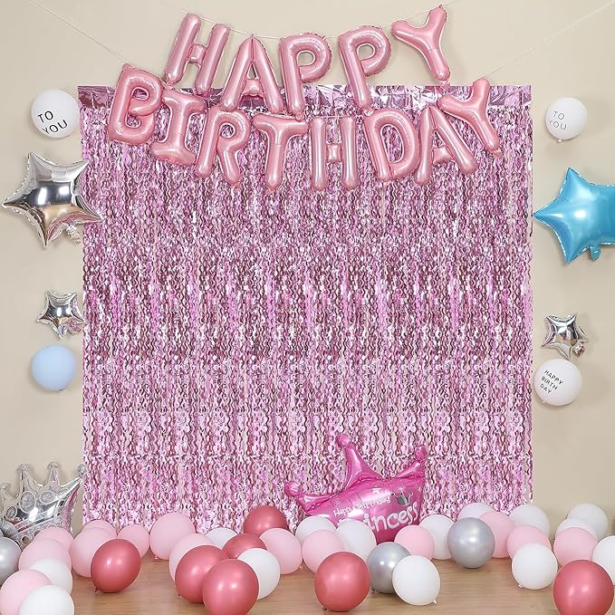 Pink Foil Fringe Curtain - Wavy Fringe Backdrop 3.3 x 6.6 Feet, Pack of 3 | Pink Streamers Party Decorations Birthday Decorations Valentine's Day Decoration Party Supplies
