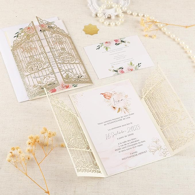 50PCS Gold Glitter Wedding Invitations Laser Cut Invitations with Envelopes and Rsvp Cards Personalized Inserts for Quinceanera Bridal Baby Shower Anniversary Birthday Engagement Fence Fold Design