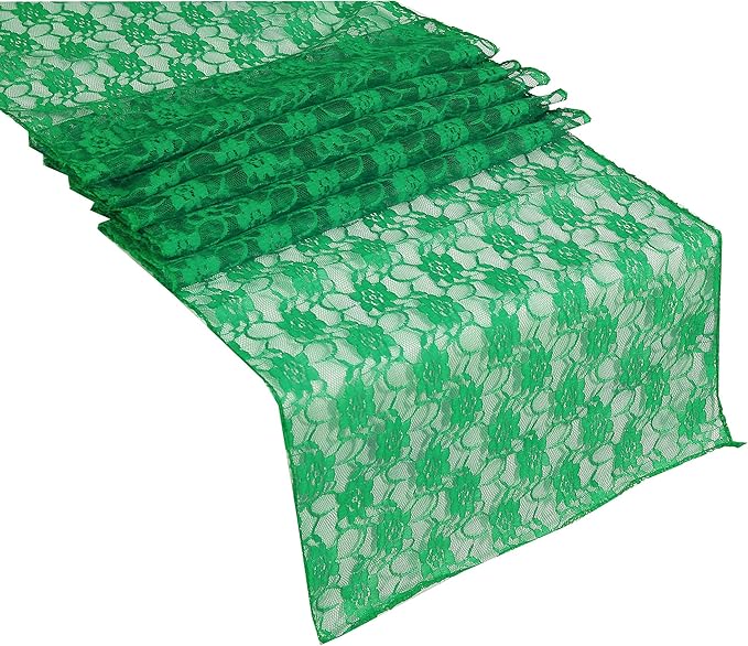 MDS Pack of 15 Wedding 12 x 108 inches Lace Table Runner for Wedding, Decorations for Birthday Parties, Banquets, Graduations, Engagements, and Runners fit Rectangle, Round Table- Green