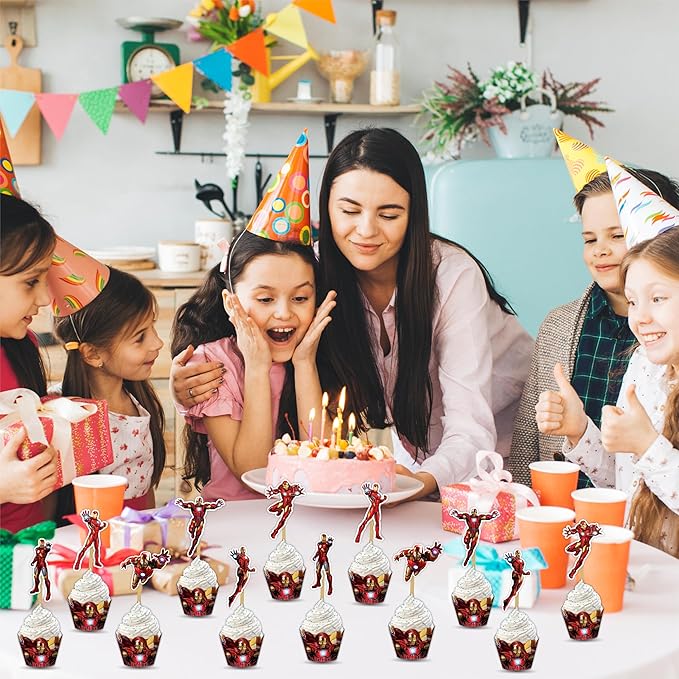 "Irn Man Cupcake Wrapper ā Theme Birthday Party Supplies ā Cartoon Inspired Cupcake Decoration Wraps for Birthday, Baby Shower, School Events, and Themed Parties"