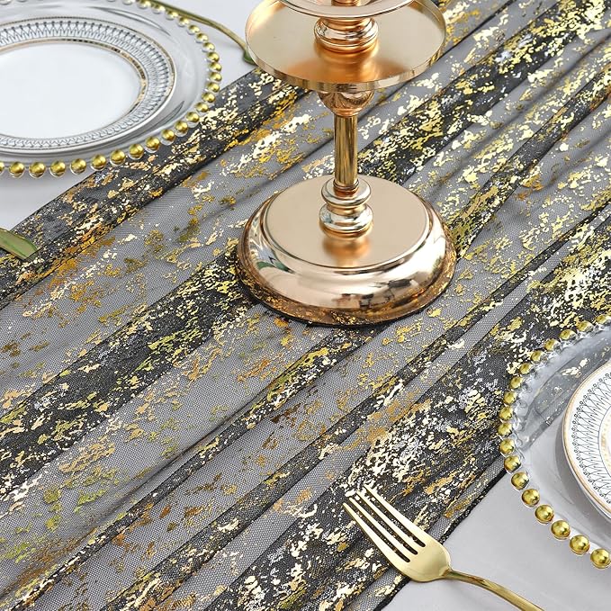 LOMOHOO 10 Ft Black Table Runner, Black Sheer Sequin Table Runners 120 Inches Long Glitter Metallic Foil Lace Fabric Table Decor for Birthday Party Wedding Anniversary Centerpiece (2pcs)