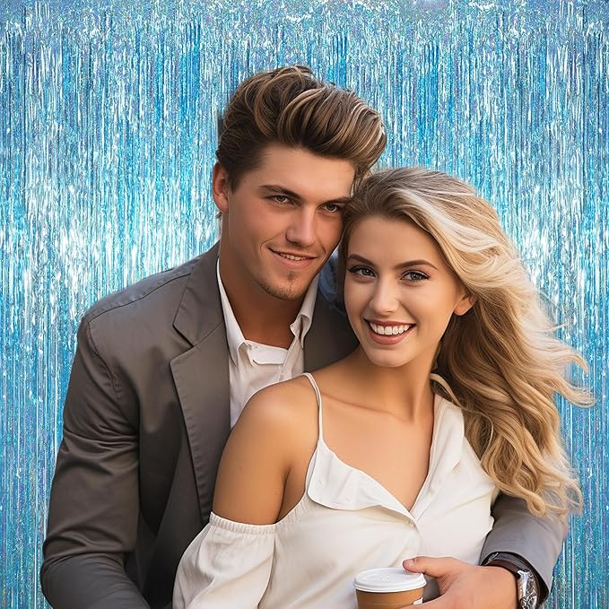 3 Pack 3.3 x 6.6 ft Light Blue Foil Fringe Backdrop Curtains, Tinsel Streamers Party Decorations, Fringe Backdrop for Birthday, Baby Shower, Gender Reveal, Graduation