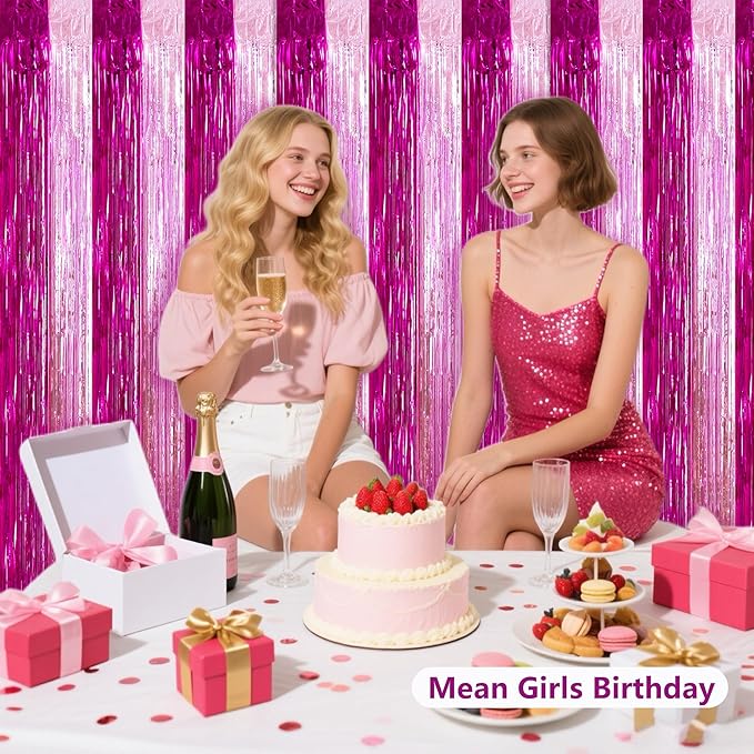 BEISHIDA Hot Pink Pink Door Streamers Backdrop Foil Fringe Tinsel Party Streamers Curtains Photo Backdrop -2Pcs for Girl Birthday Valentines Baby Shower Graduation Bachelorette Party Decoations