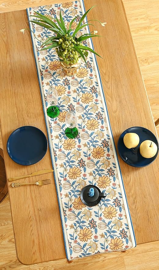 ISAENNE Designer Bohemian Elegant Linen Extra Long Table Runner 118 Inches,Floral Pattern Duable Decor Table Runners for Dining Tables,Thanksgiving,Kitchen Tables,Christmas,12"*118"-Estevan B
