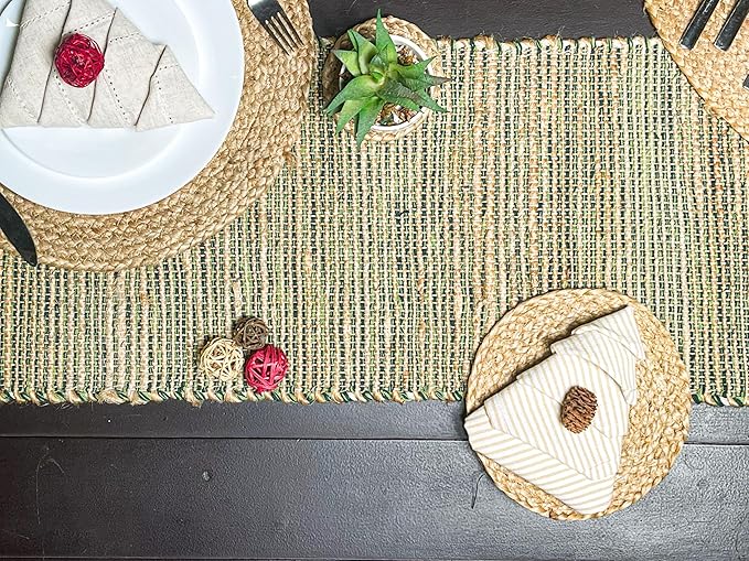 Chardin home Natural Jute Table Runner 13x48 Inch – Vintage Boho Rustic Table Decor – Handwoven Table Runner in Natural Jute and Green – Farmhouse Dining or Console Table Accent