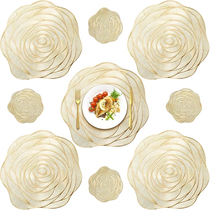 Sieral 24 Set 15 Inch Round Pressed Vinyl Placemats Hollow Out Rose Placemat Set Metallic Slip Resistant Place Mat Coaster Including Place Mats and Coasters for Wedding Dining Kitchen (Gold)