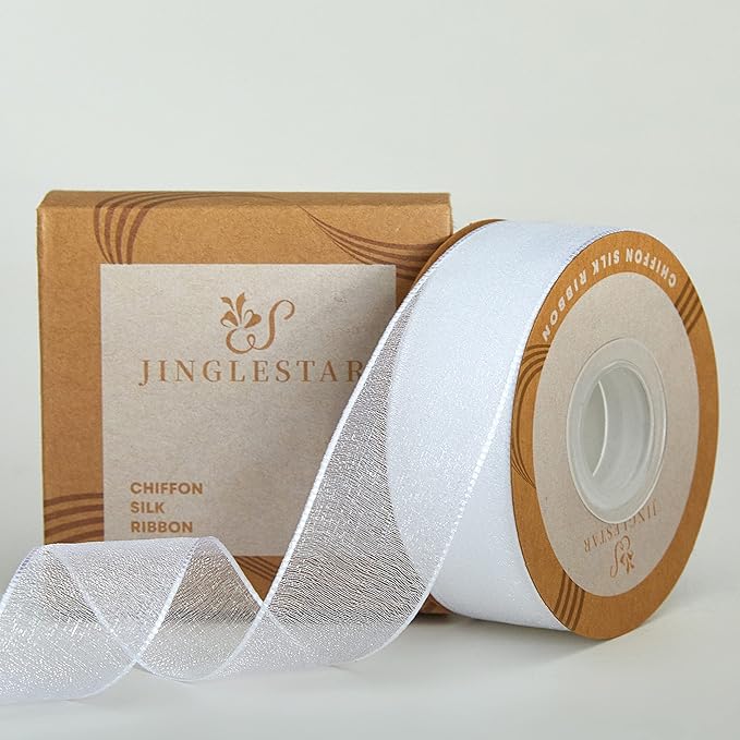 1 Inch Wide Sheer Chiffon Ribbon - Pearl Silk Woven Ribbon Suitable for Gift Wrapping, Wedding Decor, Home Decor, Girl Hair Accessories Handmade DIY (25 Yards/roll) (White)