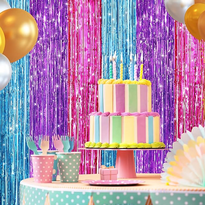 2 Pack Blue Purple Pink Metallic Tinsel Foil Fringe Curtains, Door Streamers Photo Booth Backdrop for Birthday Party, Tinsel Curtain Backdrop for Baby Shower Bachelorette Christmas Party Decorations