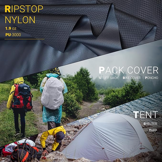 emma kites Black Ripstop Nylon PU3000 Waterproof 1.9 oz 70D Diamond Grid Tear Resistant for Tent Rainfly Rain Kilt Poncho Dry Bag Backpack Bike Cover (Selvedge Removed) Pre-Cut 1 Yard