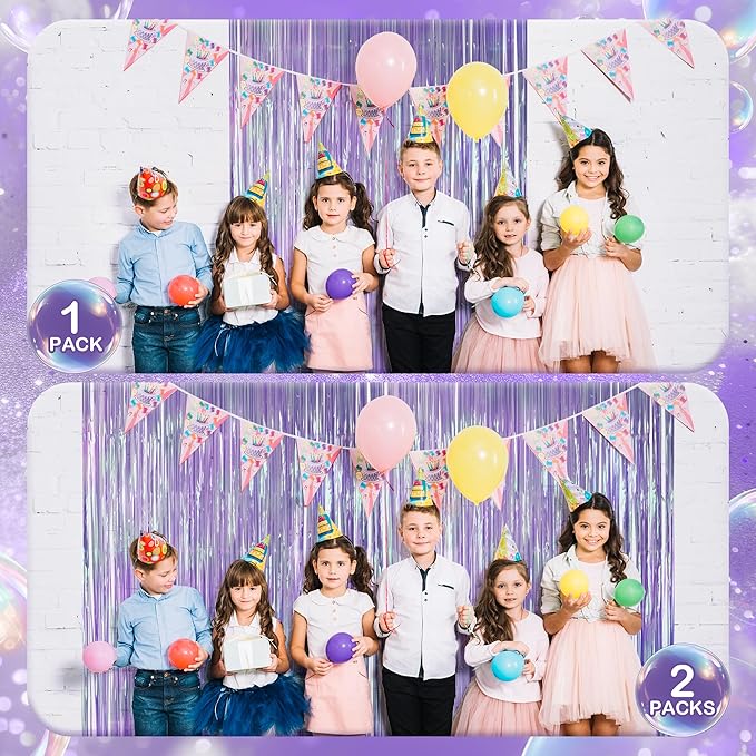 2 Pack Purple Iridescent Streamers Backdrop, 3.3x6.6ft Foil Fringe Curtains Lavender Holographic Door Tinsel Streamers for Birthday, Wedding, Holiday, Bachelorette, Theme Party Decorations