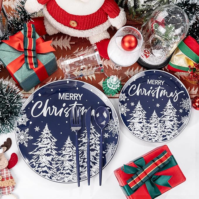 Supernal 150pcs Christmas Dinnerware Set - Blue and White Plates With Trees Design, Blue Silverware, Santa and Moose Silver Cups for New Year