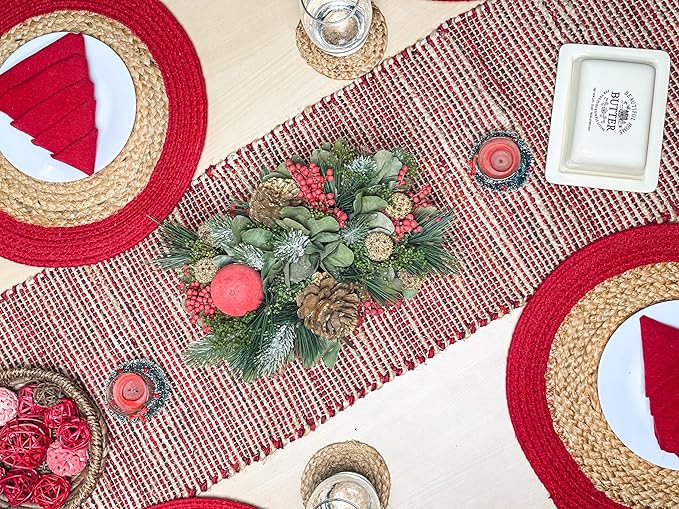 Chardin home Natural Jute Table Runner 13x90 Inch – Vintage Boho Rustic Table Decor – Handwoven Table Runner in Natural Jute and Red – Farmhouse Dining or Console Table Accent