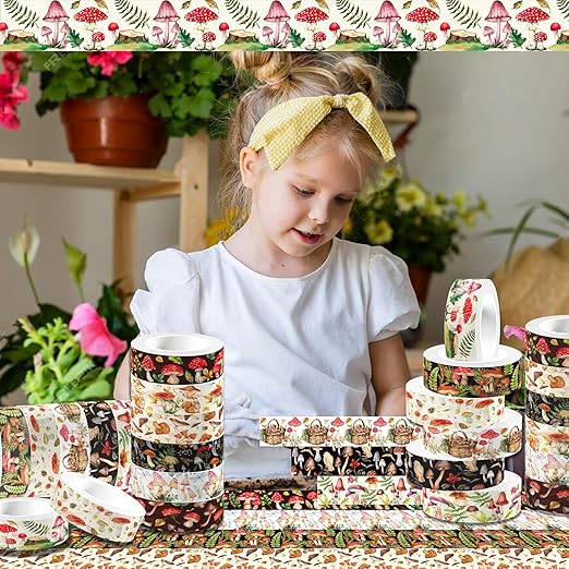 Adirasenotek 12 Rolls Mushroom Washi Tape Set,Vintage Washi Tape Decorative Paper Stickers Decorative Tape,DIY Art Crafts Wrapping Decor for Gifts Wrapping