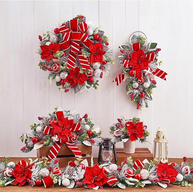 5 ft Christmas Garland for Mantle Unlit Garland for Stairs Railing, Banister, Staircase, Fireplace, for Table No Light, Garland Decor Frosted Red Poinsettia Holiday Tree (Frosted Red Poinsettia)