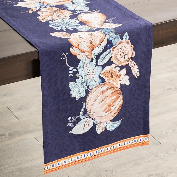 Maison d' Hermine Table Runner 100% Cotton Single Layer Table Runners 72 inches Long for Thanksgiving Christmas Decorations Home Kitchen Dining Party Wedding (Pumpkin Blues, 14.5" x 72")