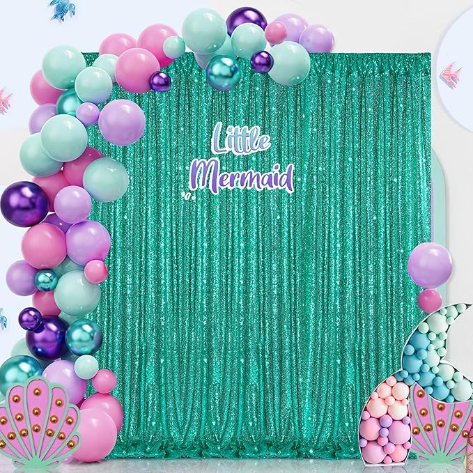 Backdrop Curtains for Mermaid Party Decor - 4 Panels 2FT x 8FT Lake Green Sequin Background Drapes for Wedding Bridal Birthday Party