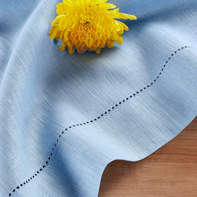 Solino Home Linen Cornflower Blue Hemstitch Table Runner 36 Inches - 100% Pure Linen Small Table Runner 14 x 36 Inch Ideal for Dresser and Coffee Tables - Classic Hemstitch - Christmas, Holiday