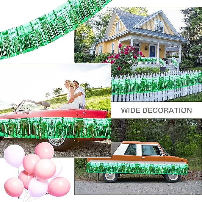 4 Pack Float Fringe Curtains, Metallic Foil Fringe Garland Shiny Tassel Foil Float Parade Float Decorations for Trailer Car Graduation Homecoming Outdoor Indoor St Patrick's Party (Green)