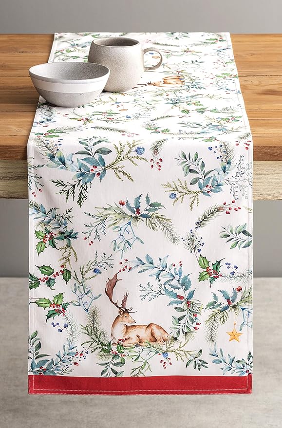 Maison d' Hermine Table Runner 100% Cotton Double Layer Table Runners 72 inches Long for Thanksgiving Christmas Decorations Home Kitchen Dining Party Wedding (Holly Time, 14.5" x 72")