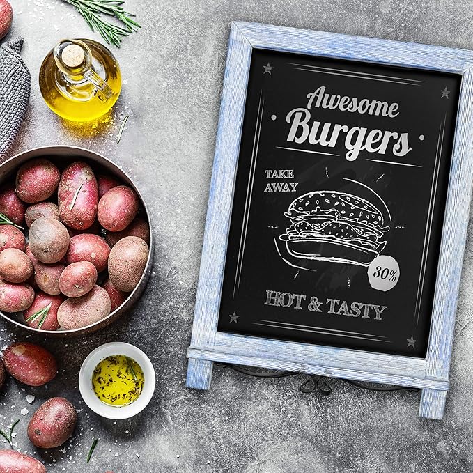 HBCY Creations Rustic Weathered Wooden Tabletop Chalkboard with Legs/Vintage Wedding Table Sign/Small Kitchen Countertop Memo Board/Antique Wooden Frame (12" x 17", 3- Weathered)