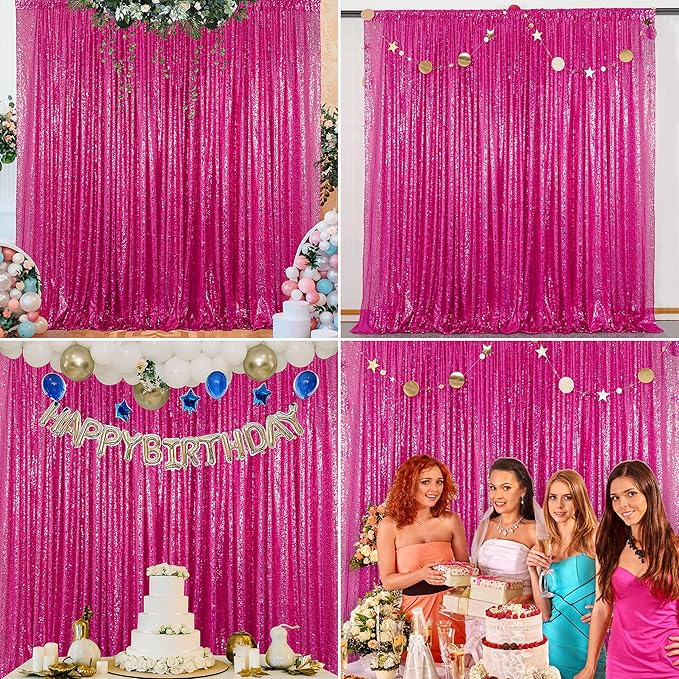 Fuchsia Sequin Backdrop Curtains 4 Panels 2FTx8FT Hot Pink Glitter Sequin Curtains for Backdrop for Parties, Wedding,Valentine Decoration