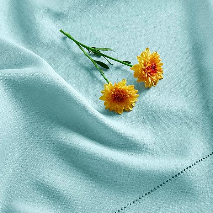 Solino Home Linen Aqua Blue Table Runner 144 Inches Long - 100% Pure Linen Extra Long Table Runner 14 x 144 Inch for Christmas, Holiday - Classic Hemstitch