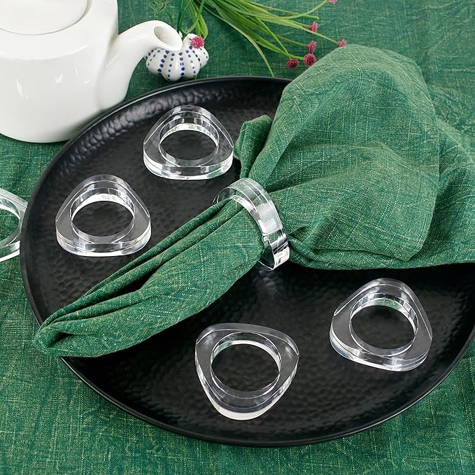 Clear Acrylic Napkin Rings - Set of 12 Modern Oval Beveled Holders for Cloth Napkins | Elegant Serviette Rings for Dining Table, Wedding, Party & Holiday Décor (Transparent) - ALPHA Living HOME