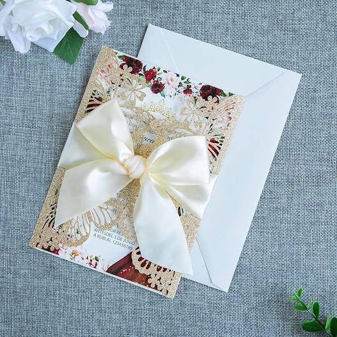 20 PCS 5.12x7.2 Butterfly Quinceanera Invitation, Laser Cut Wedding Invitation Cards with Envelopes for XV Anos Bridal Shower Baby Shower Invite (Light Gold)