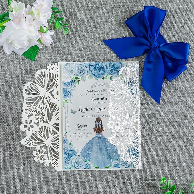 20 PCS 5.12x7.2 Butterfly Quinceanera Invitation, Laser Cut Wedding Invitation Cards with Envelopes for XV Anos Bridal Shower Baby Shower Invite (Silver Glitter)