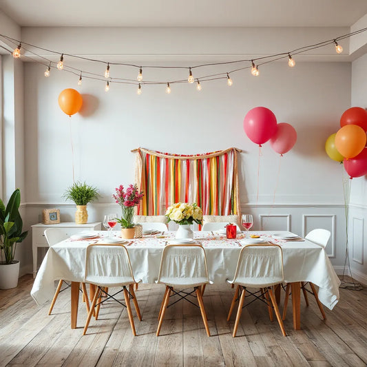 Colorful balloons, string lights, and table centerpieces arranged for a birthday celebration