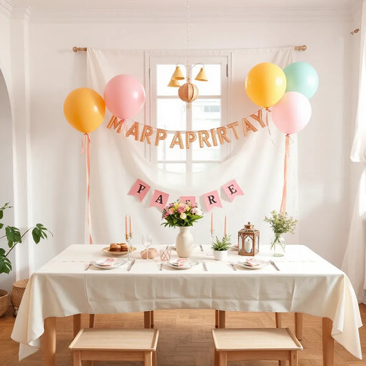 Coordinated party decorations with balloons, streamers, and a styled table centerpiece