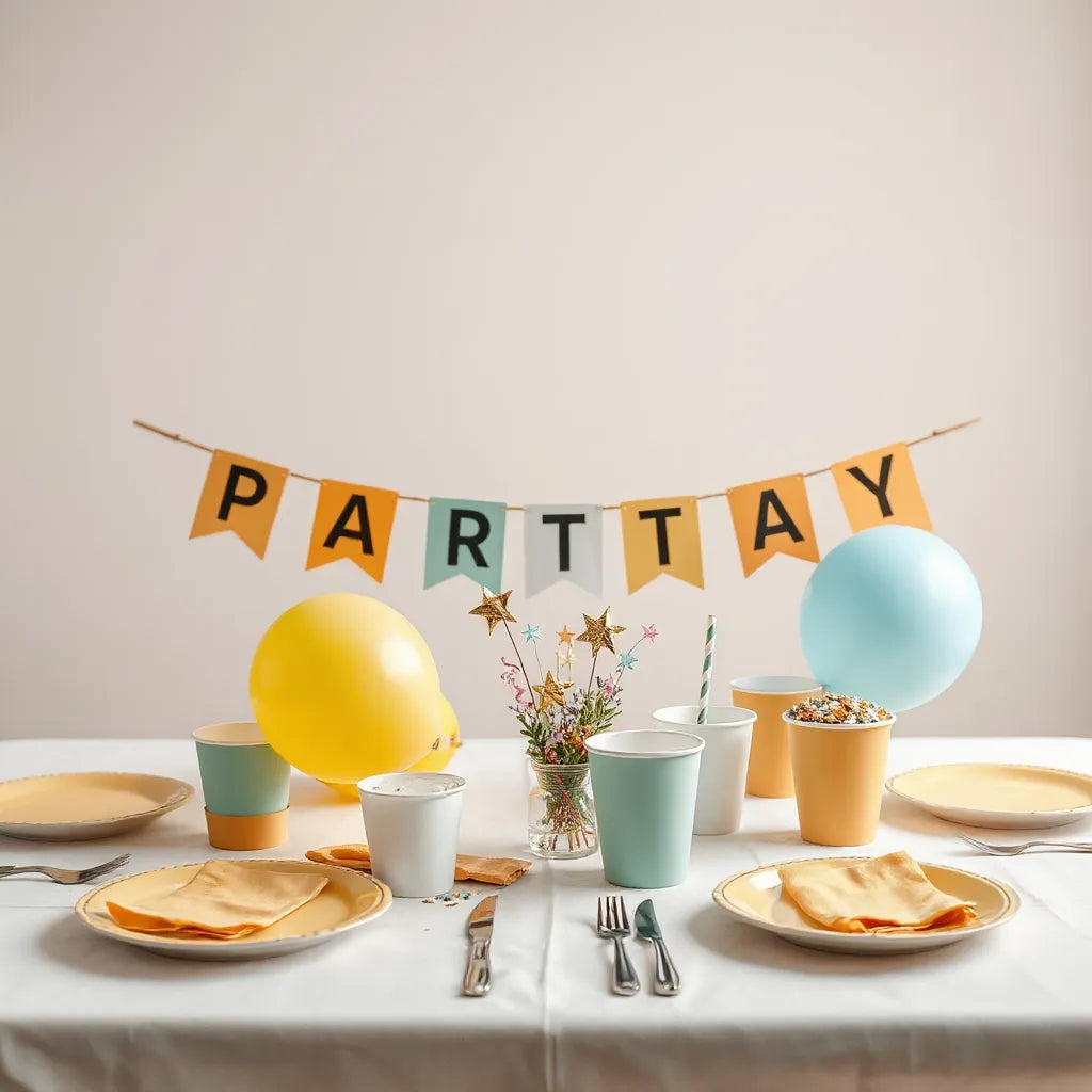 Coordinated themed party accessories with matching banner, balloons, tableware, and centerpiece