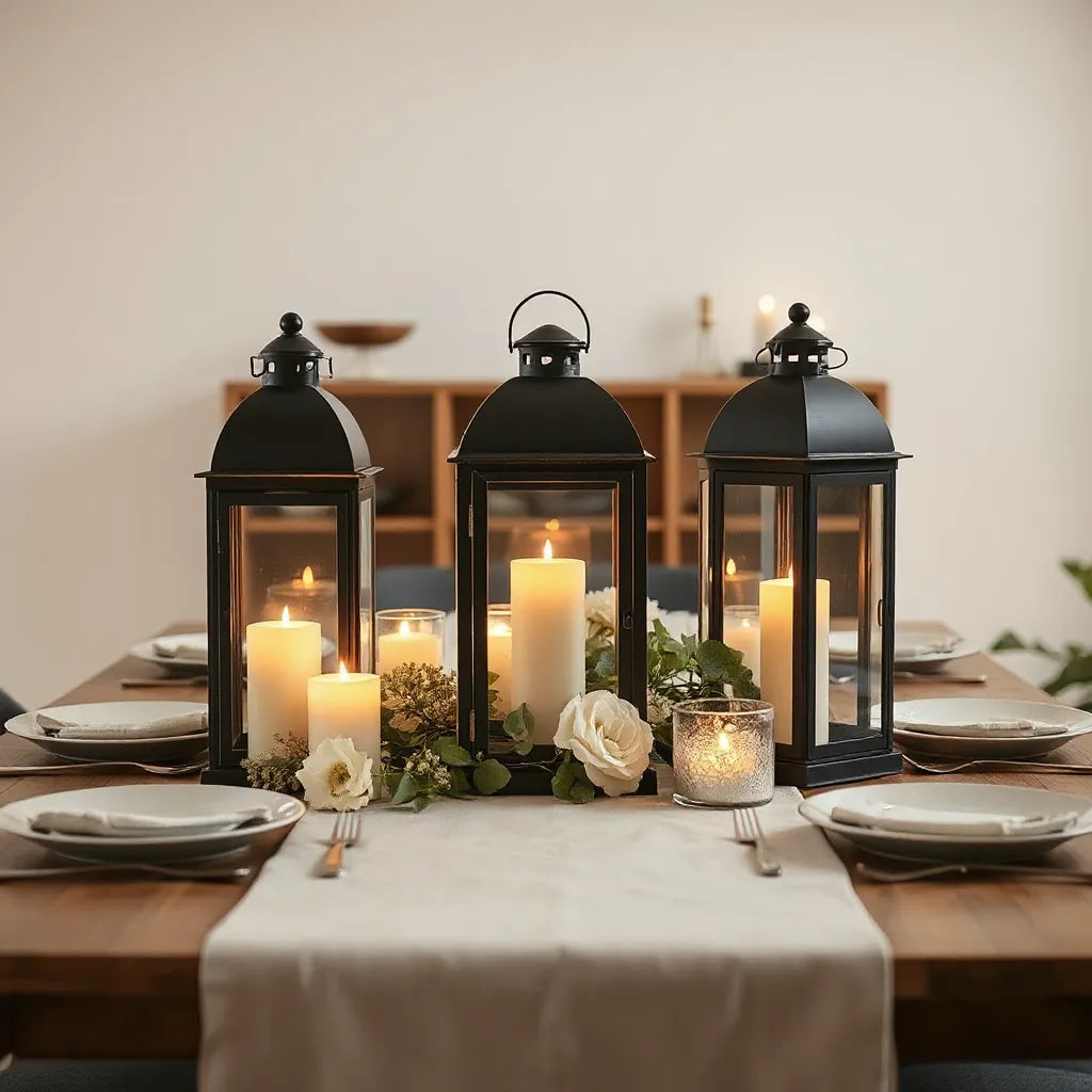 Warmly lit indoor lanterns arranged as a centerpiece on a dining table